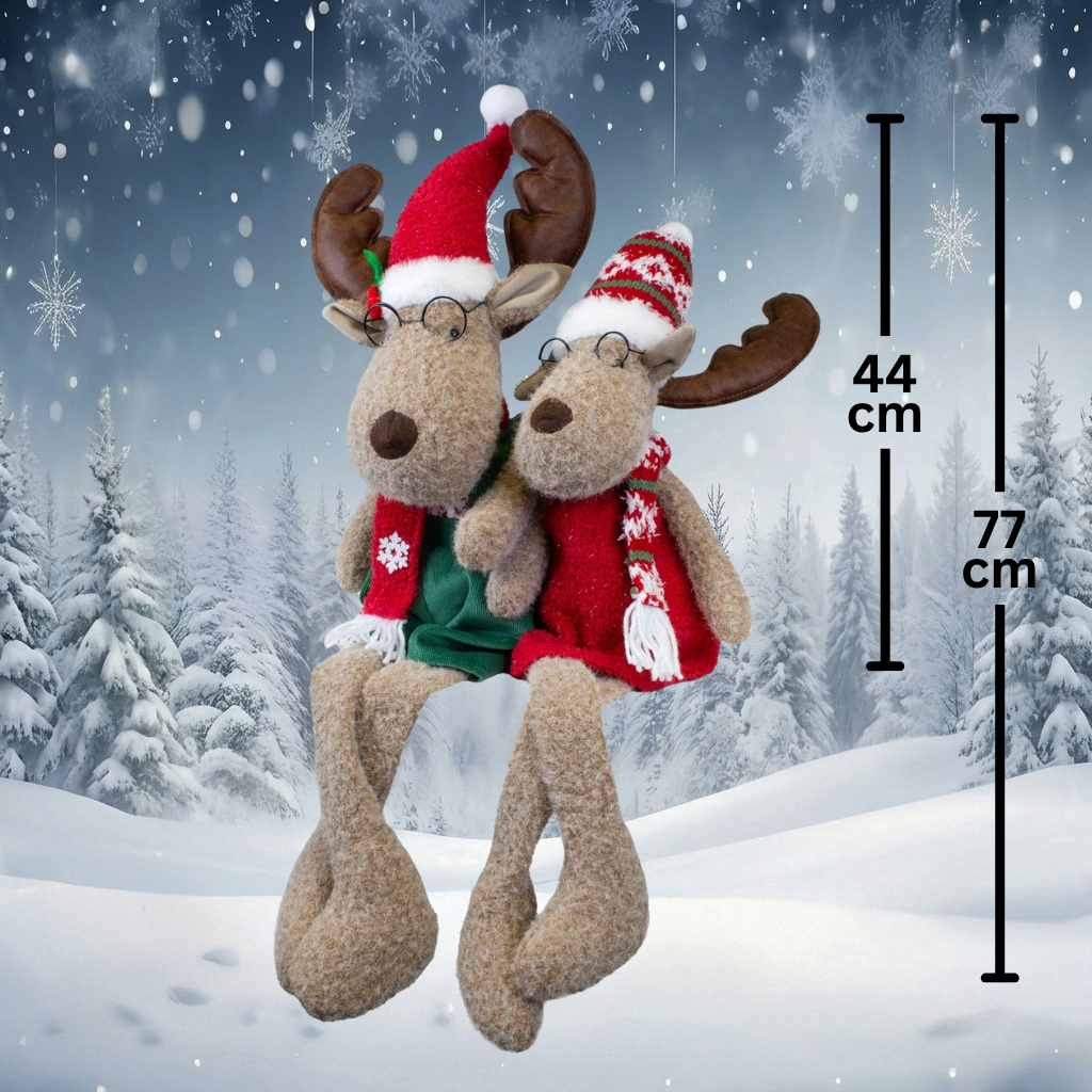 Elch Kantenhocker-Paar mit Brille, Mütze & Schal 44cm (77 cm) | Weihnachtsdekoration