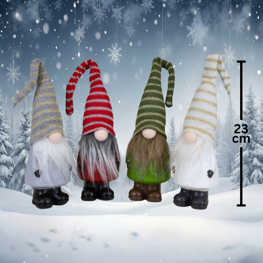 Christmas Gnomes Set of 4, standing, 23cm (31cm) – 4 designs, with long pointed hats