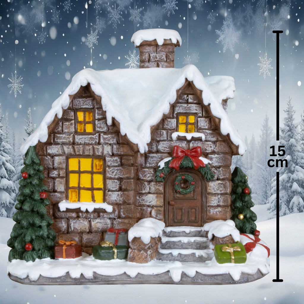 Lebkuchenhaus 15 cm – Handgefertigtes Dekohaus mit Tannenbäumen und Geschenken | Weihnachtsdekoration