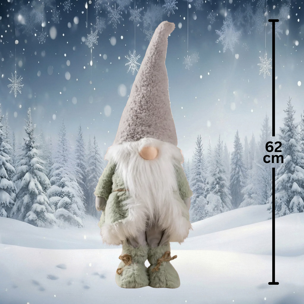 Weihnachtswichtel stehend 62 cm – Flauschiger Wintergnom in mint-grau mit langem weißem Bart & hoher Plüschmütze