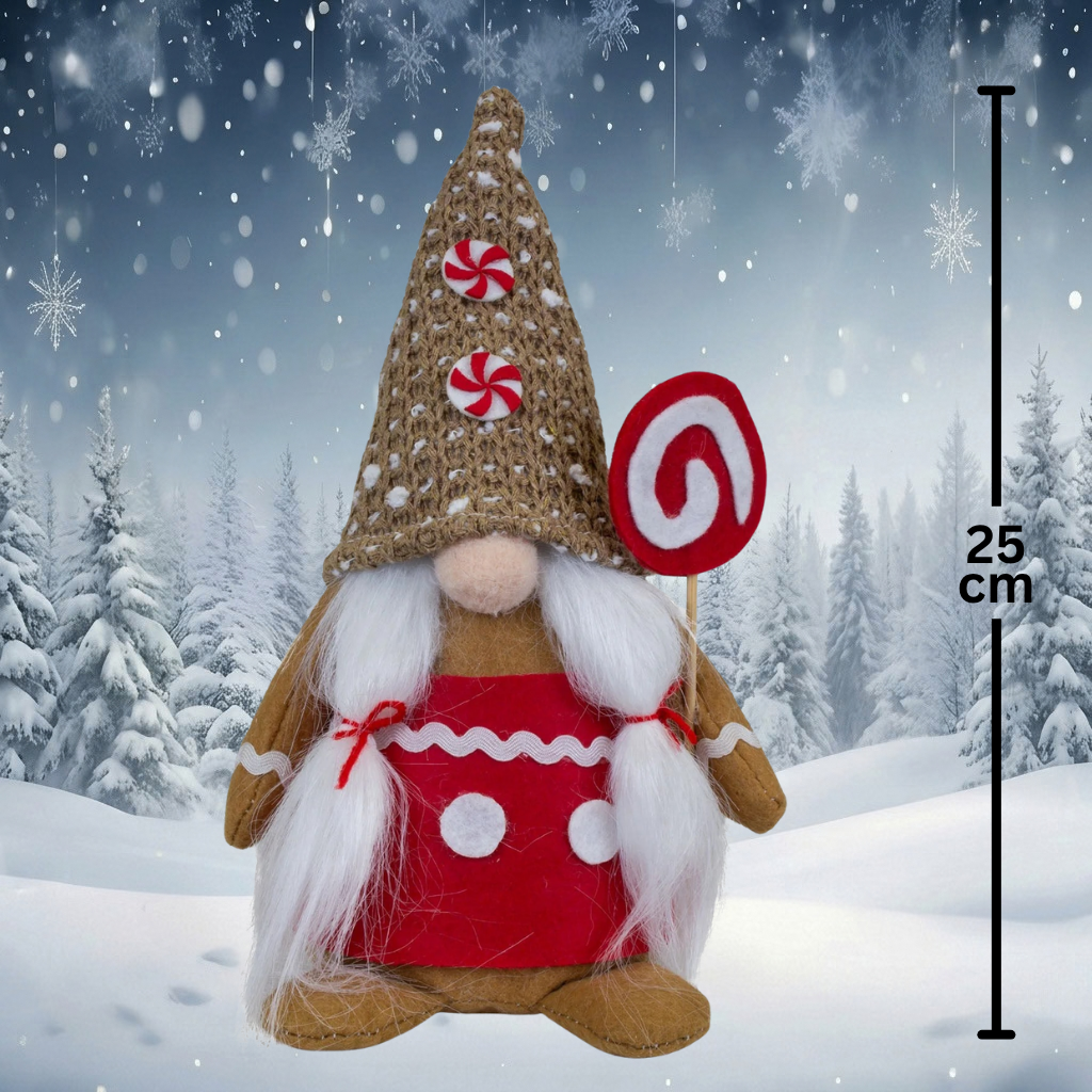 Christmas gnome 25 cm gingerbread design sitting, 2 pieces cute gingerbread gnomes with candy canes, candies & long plush beard