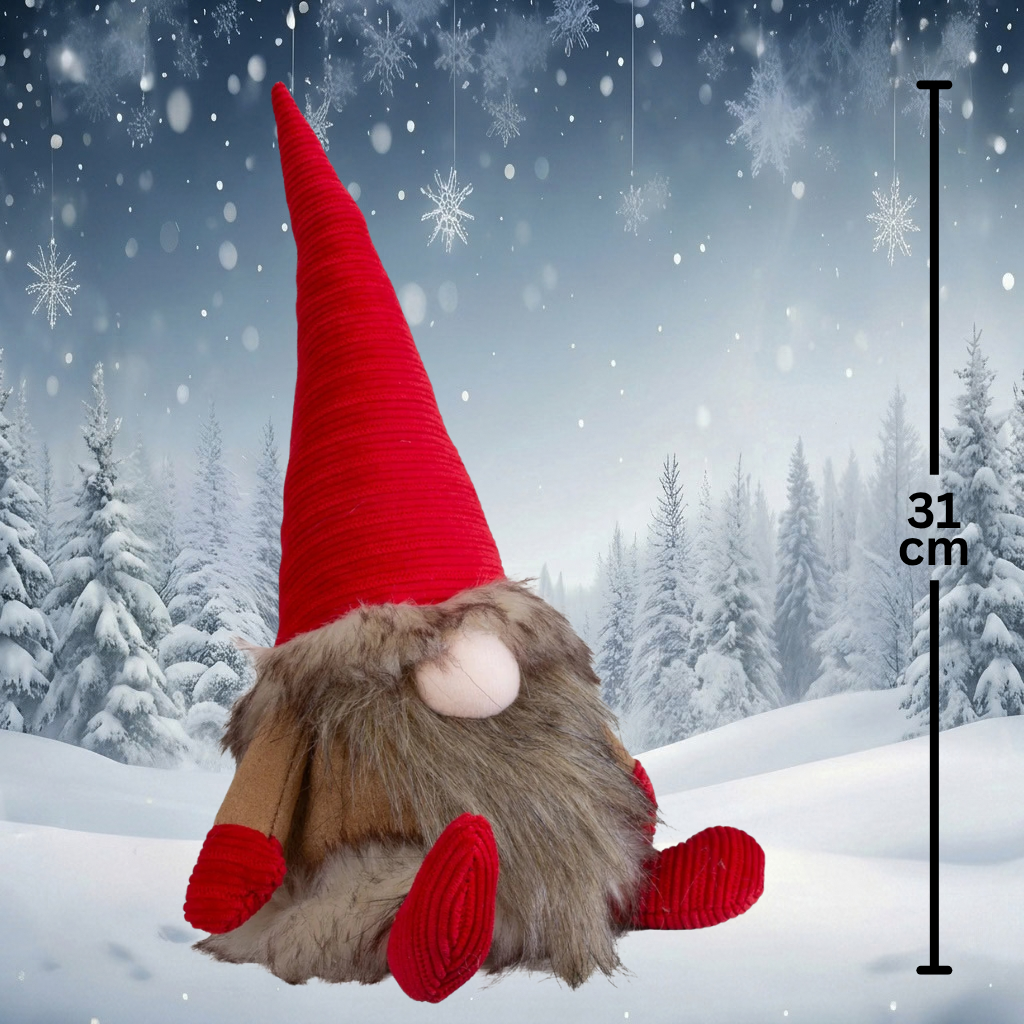 Gnom sitzend 31 cm – Flauschiger Weihnachtswichtel mit roter Zipfelmütze und wuscheligem Bart