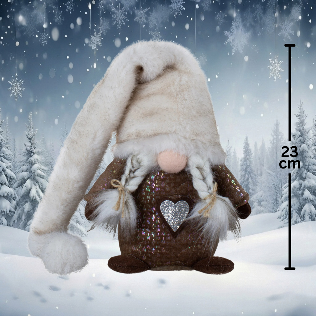 Christmas Elf, Sitting, 23 cm – 2 Designs in Brown with Fluffy Pointed Hat, Plush Beard & Glitter Details