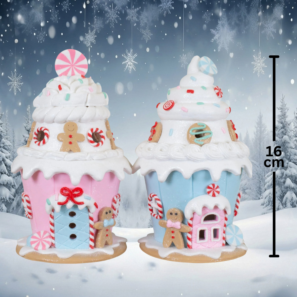 2er Set Lebkuchenhäuser im Pastellfarbenden Muffin-Design 16 cm