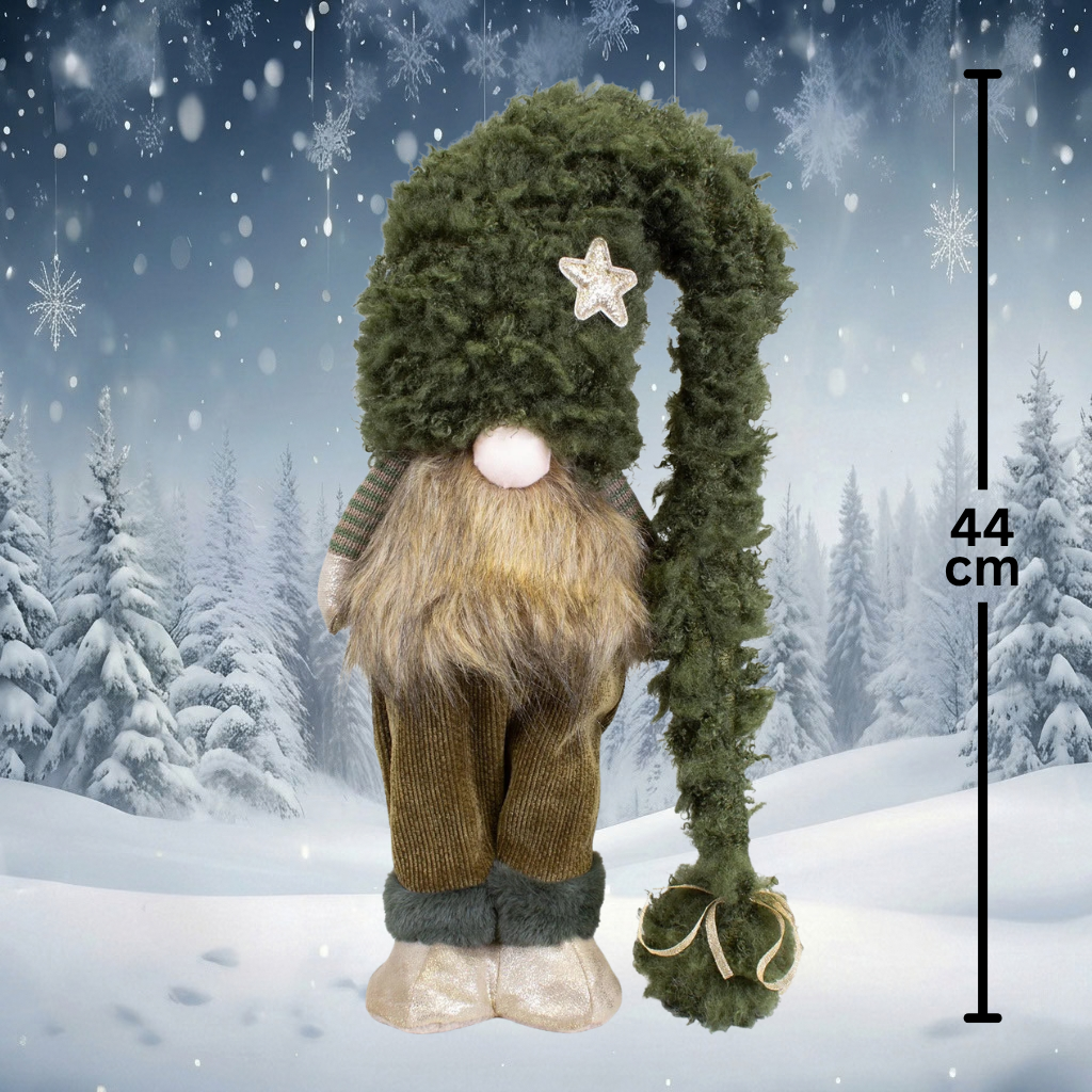 Weihnachtswichtel stehend 44 cm – mit dunkelgrüner Kuschelmütze, goldenem Stern & langem Bart
