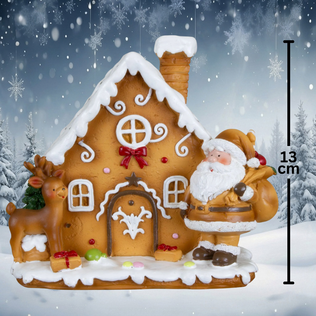 Gingerbread House 13 cm – Handcrafted Decorative House with Santa Claus and Reindeer | Christmas Decoration