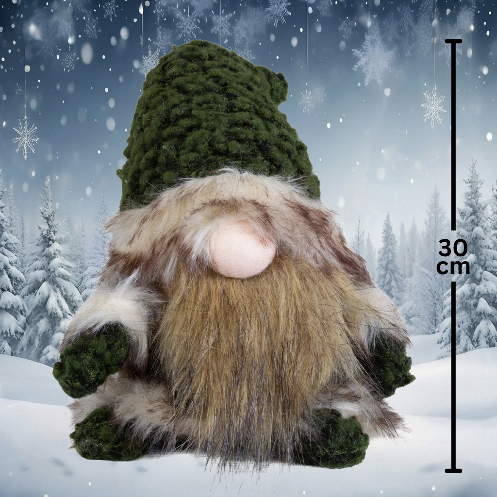 30 cm Sitting Gnome – Rustic Christmas Gnome with Fluffy Beard and Green Plush Hat