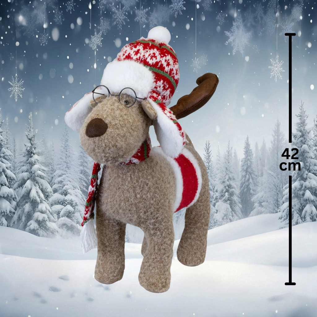 Christmas moose with glasses, knitted hat & scarf 42 cm, standing | Christmas decoration