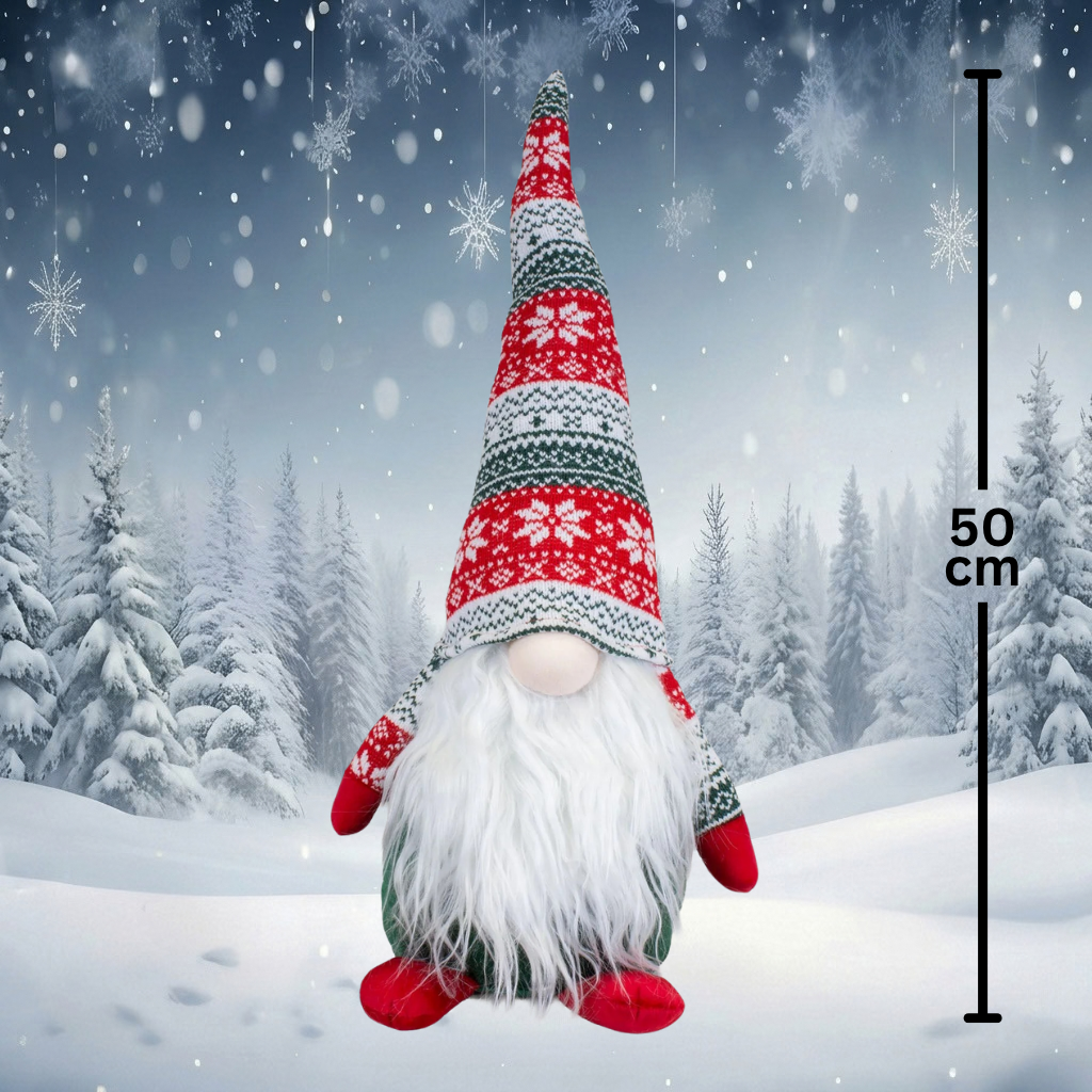Weihnachtswichtel sitzend 50 cm – 2er Set mit gleichen Wintergnomen, langer Strickmütze & weißem Plüschbart
