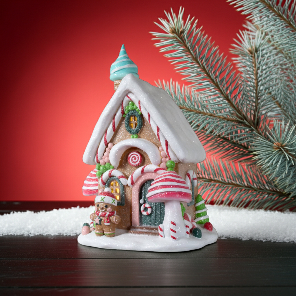 LED Lebkuchenhaus 30cm braun-weiß-rosa