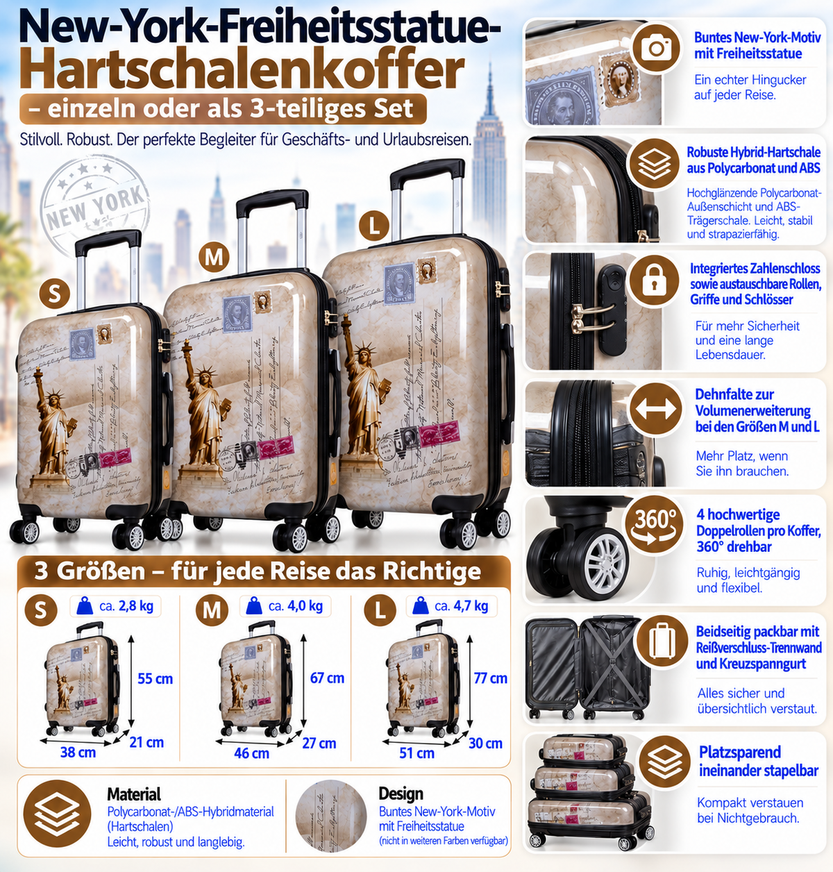 Motivkoffer Design New York – Reisekoffer mit Motiv – Hartschale ABS/Polycarbonat – S M L – leicht & robust