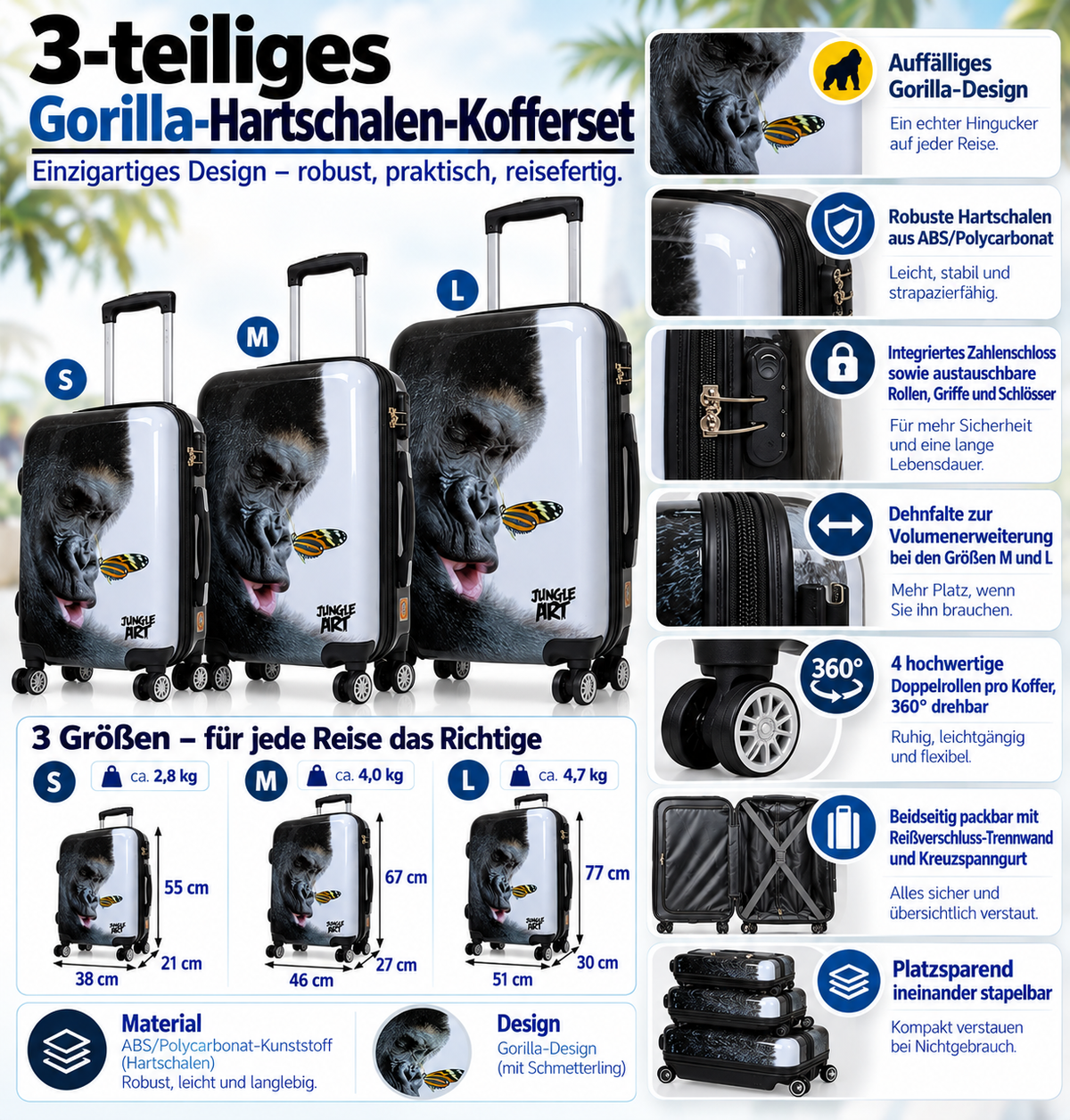 Motivkoffer Design Gorilla mit Schmetterling – Reisekoffer mit Motiv – Hartschale ABS/Polycarbonat – S M L – leicht & robust