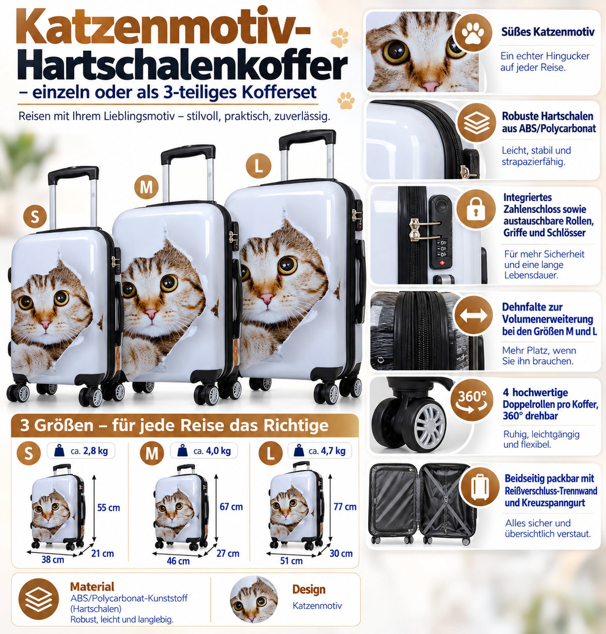 Motivkoffer Design Katze – Reisekoffer mit Motiv – Hartschale ABS/Polycarbonat – S M L – leicht & robust