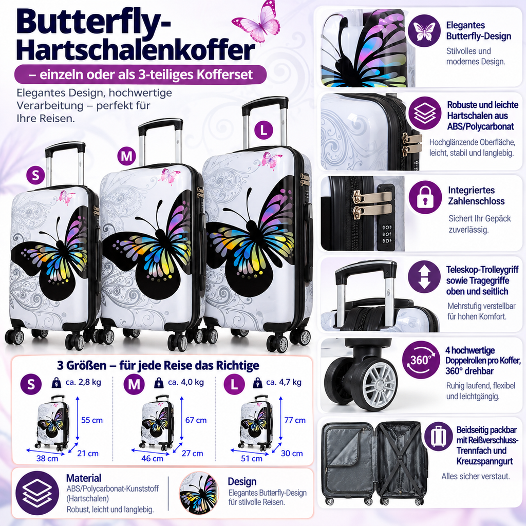 Pattern Suitcase Butterfly Design - Travel Case with Pattern - Hardshell ABS/Polycarbonate - S M L - Lightweight & Robust