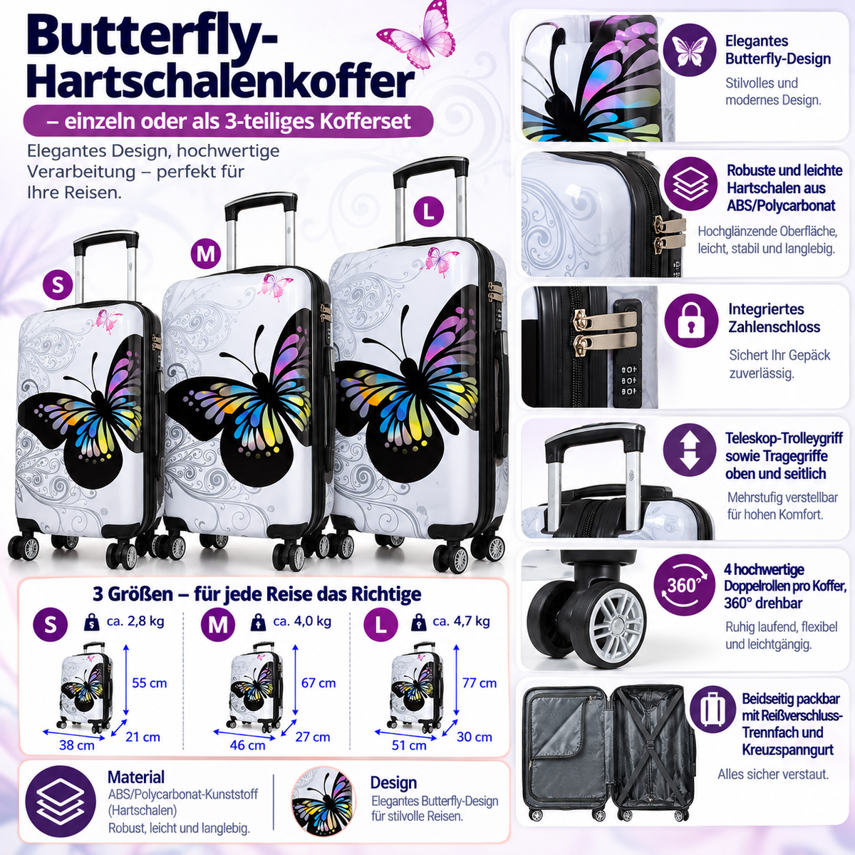 Motivkoffer Design Schmetterling – Reisekoffer mit Motiv – Hartschale ABS/Polycarbonat – S M L – leicht & robust