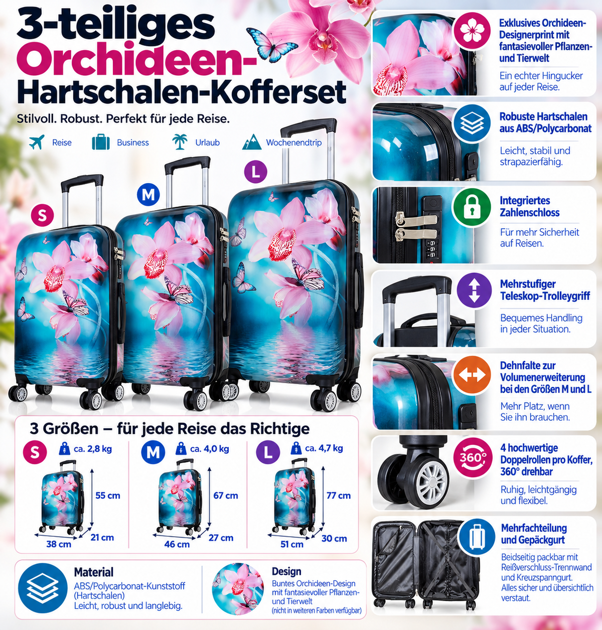 Motivkoffer Design Orchidee – Reisekoffer mit Motiv – Hartschale ABS/Polycarbonat – S M L – leicht & robust