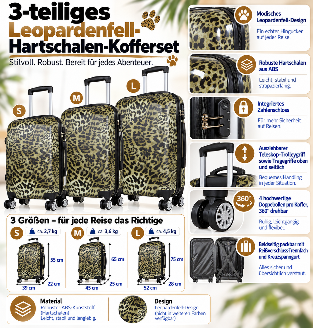 Themed suitcase Leopard print design – Themed travel suitcase – Hardshell ABS – S M L – lightweight & robust