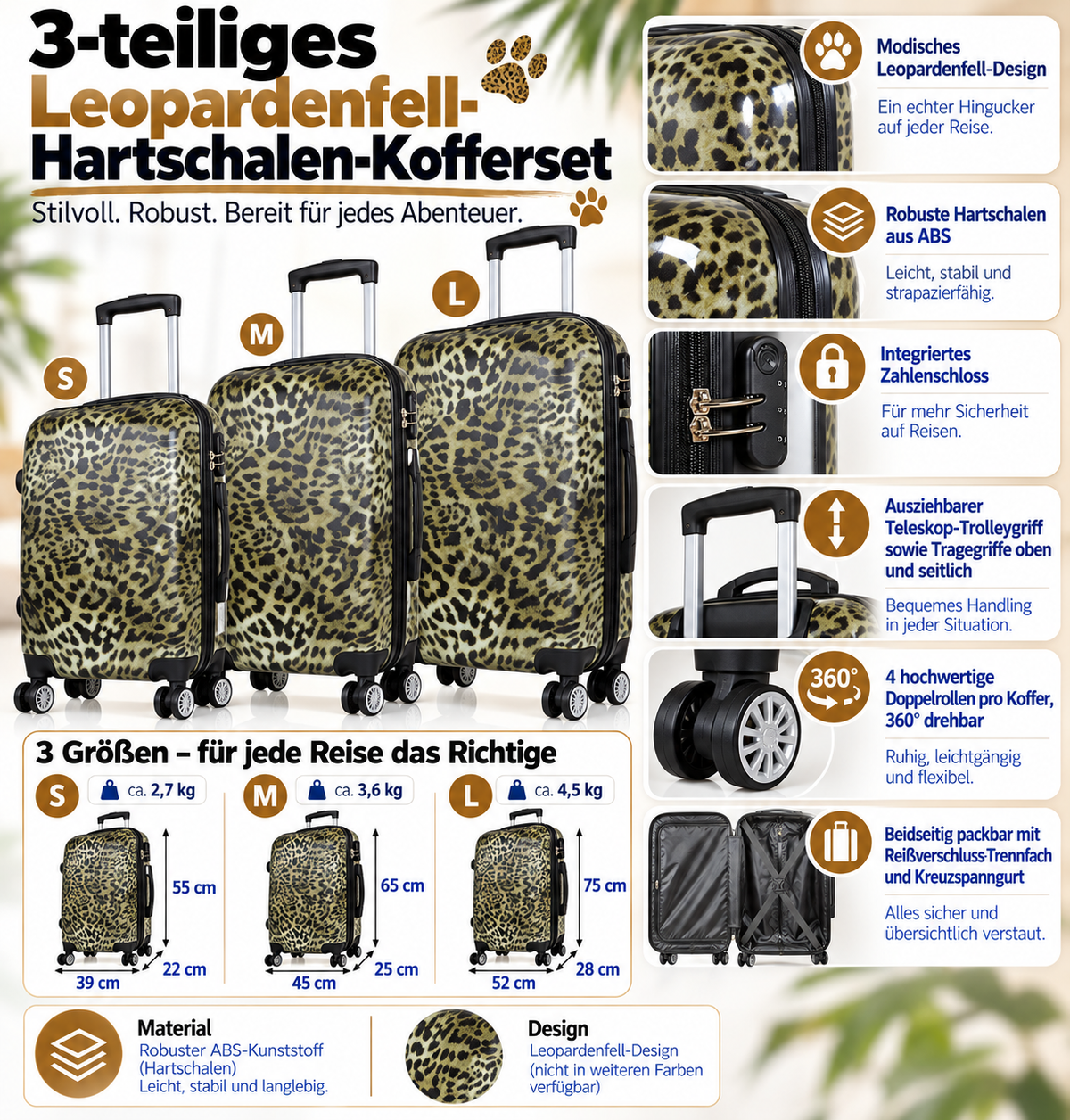 Motivkoffer Design Leopardenfell – Reisekoffer mit Motiv – Hartschale ABS – S M L – leicht & robust