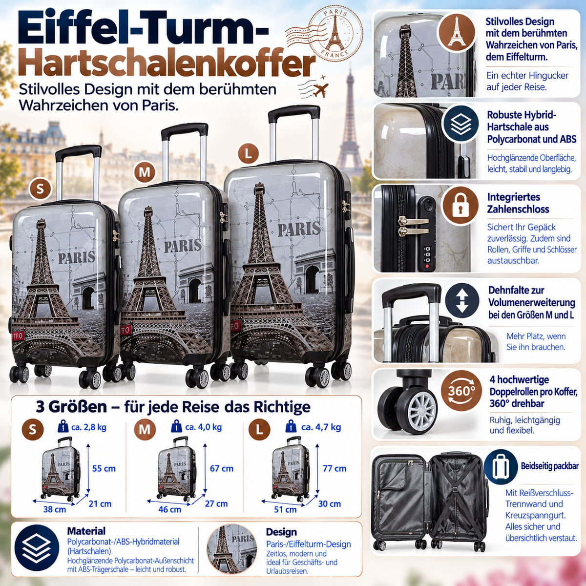 Motivkoffer Design Paris – Reisekoffer mit Motiv – Hartschale ABS/Polycarbonat – S M L – leicht & robust