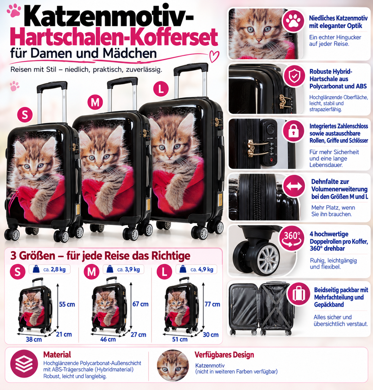 Motivkoffer Design Katzen-Baby mit Wollknäuel – Reisekoffer mit Motiv – Hartschale ABS/Polycarbonat – S M L – leicht & robust