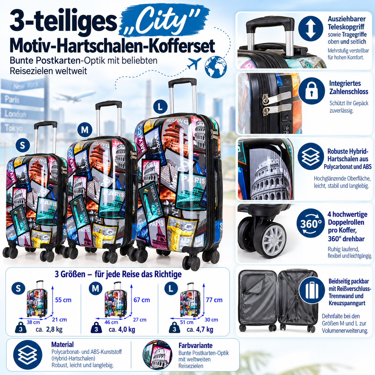 Motivkoffer Design Städtereise – Reisekoffer mit Motiv – Hartschale ABS/Polycarbonat – S M L – leicht & robust