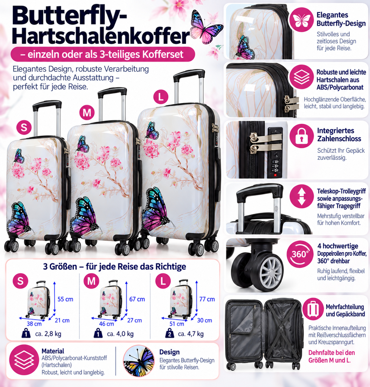 Motivkoffer Design Schmetterling – Reisekoffer mit Motiv – Hartschale ABS/Polycarbonat – S M L – leicht & robust