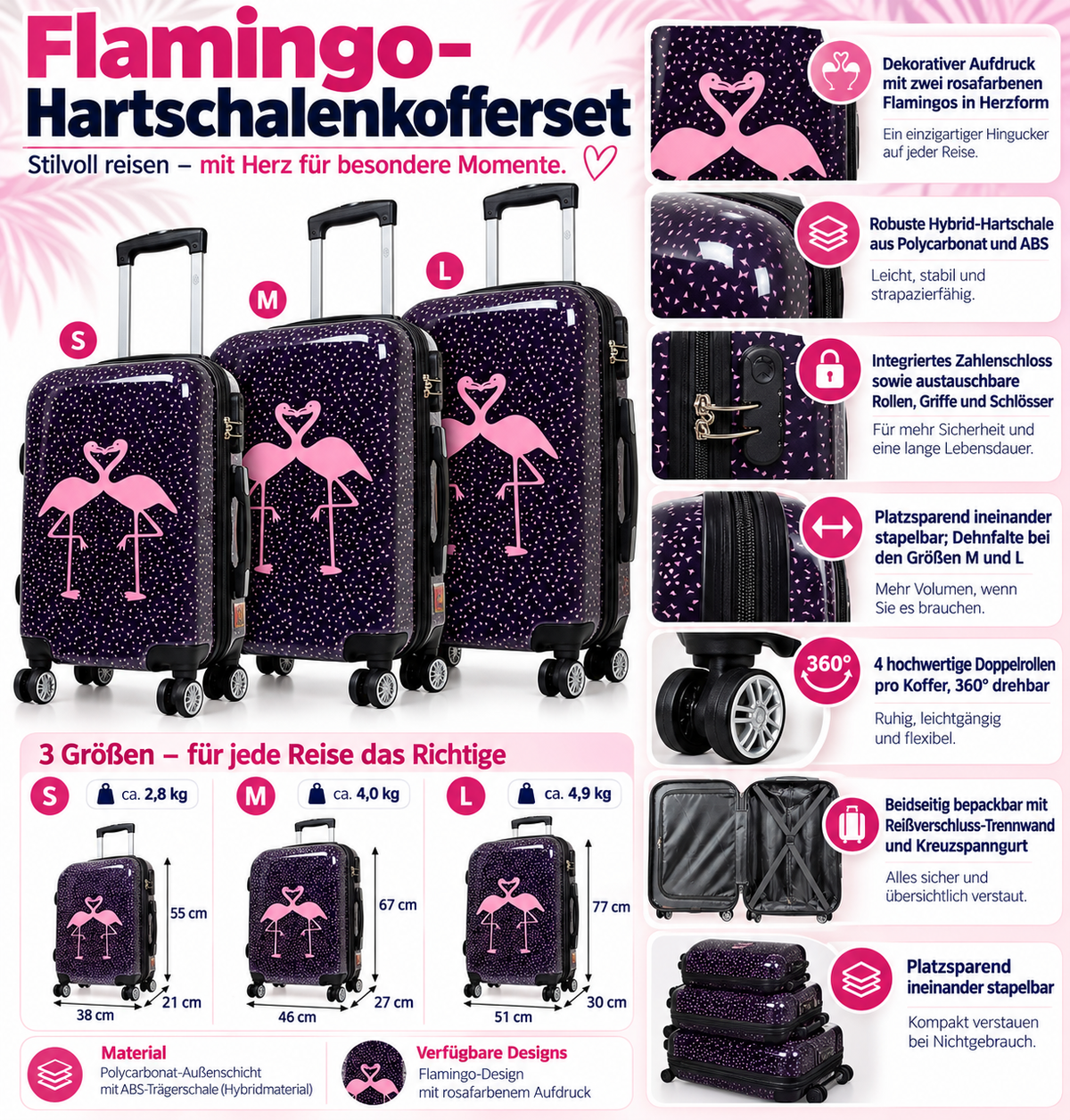 Motivkoffer Design Flamingo – Reisekoffer mit Motiv – Hartschale ABS/Polycarbonat – S M L – leicht & robust