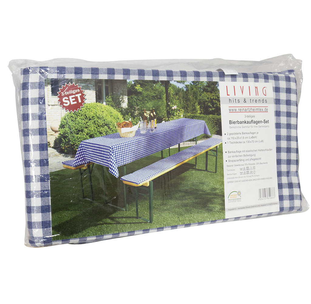 Bierbankauflagenset 3tlg kurze Variante blau-weiß kariert