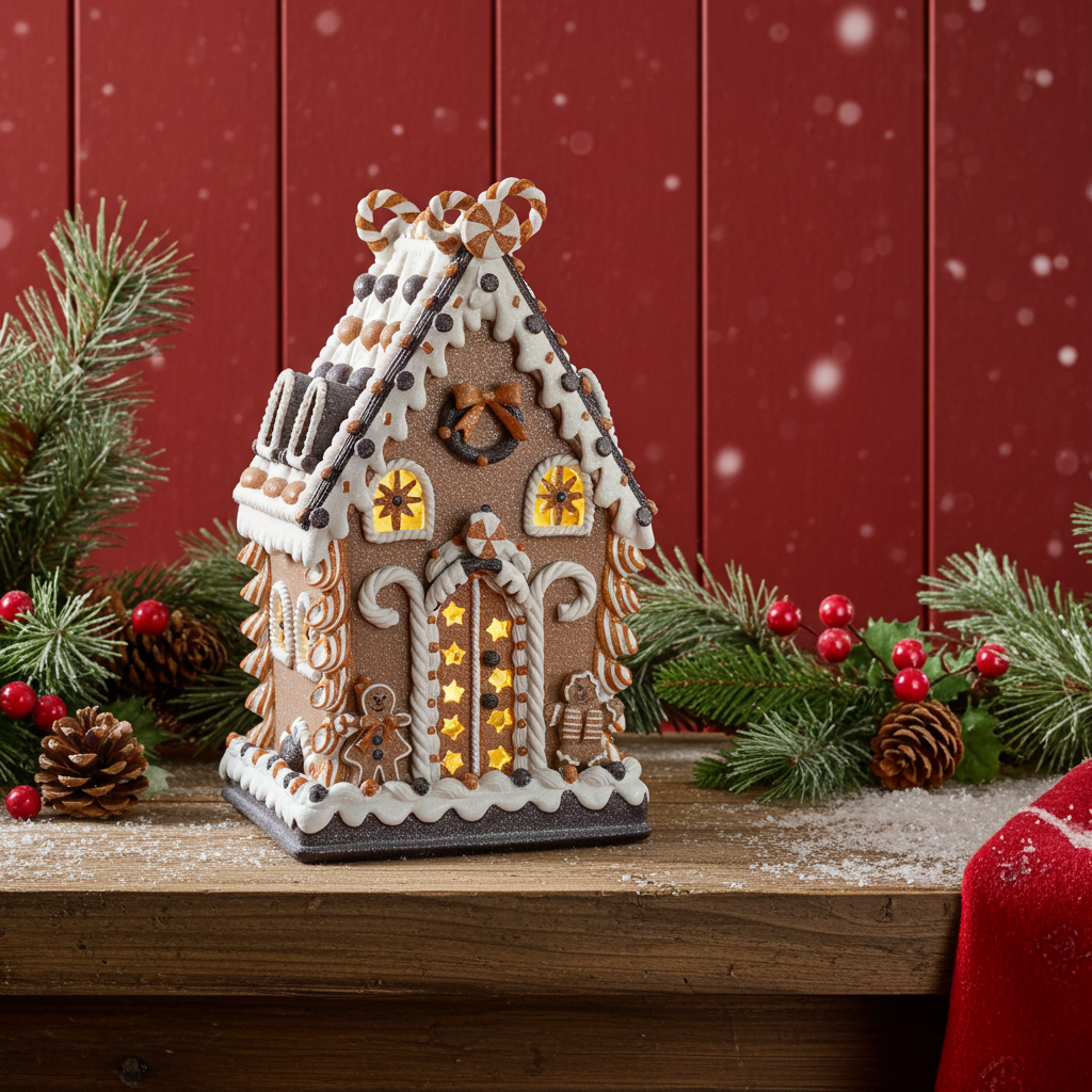 LED Lebkuchenhaus 38cm braun und weiß