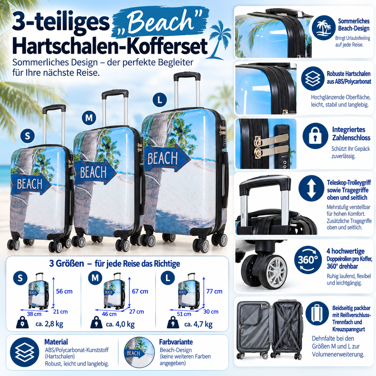 Motivkoffer Design Strandmotiv Sandstrand Beach – Reisekoffer mit Motiv – Hartschale ABS/Polycarbonat – S M L – leicht & robust
