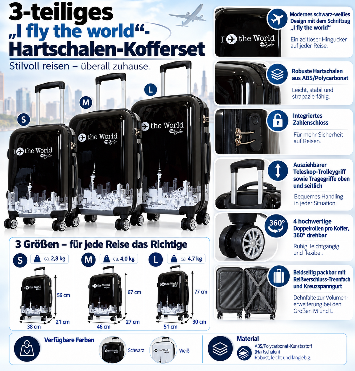 Motivkoffer Design FlyTheWorld schwarz-weiß – Reisekoffer mit Motiv – Hartschale ABS/Polycarbonat – S M L – leicht & robust