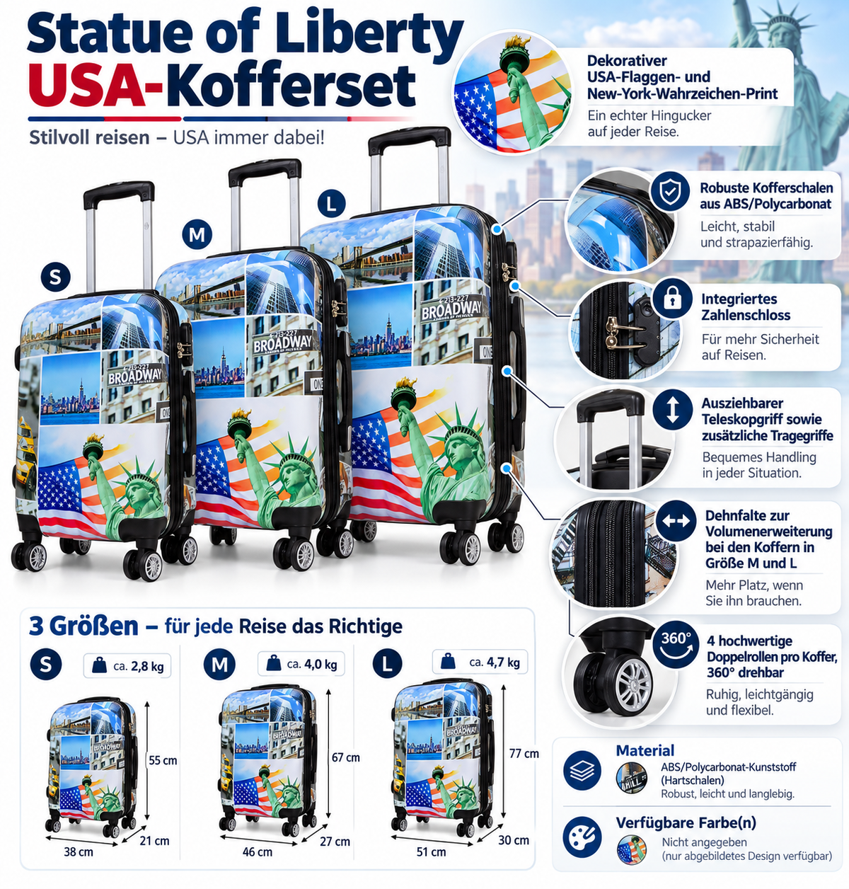 Motivkoffer Design Freiheitsstaue USA – Reisekoffer mit Motiv – Hartschale ABS/Polycarbonat – S M L – leicht & robust