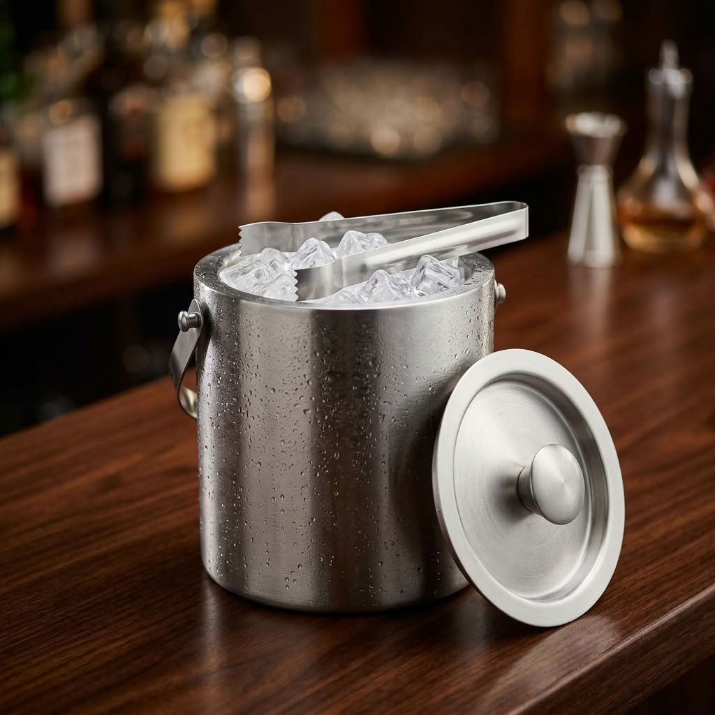 Eiseimer mit Zange aus Edelstahl – Doppelwandiger Luxus Eiswürfelbehälter mit Deckel für Bar & Party