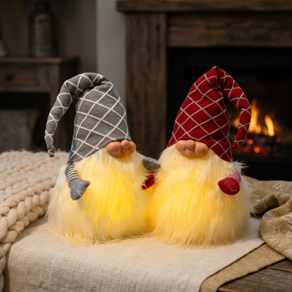 LED Light-Up Gnome Couple 45cm Warm White Grey & Red