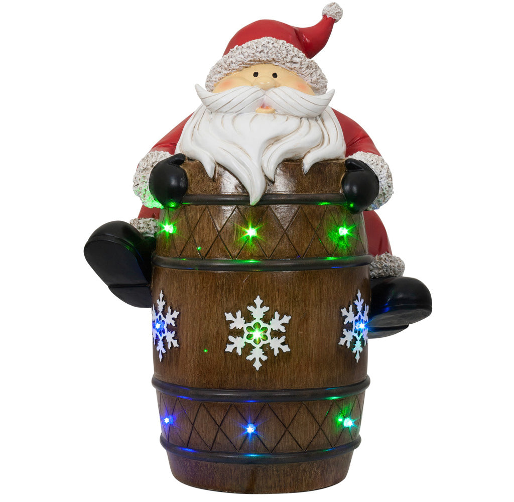 XXL LED Tisch-Deko Weihnachtsmann auf Fass 39cm