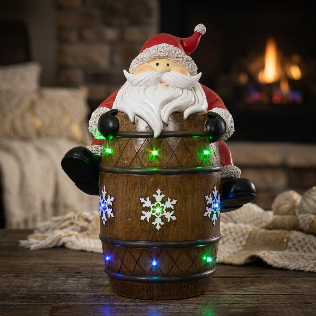 XXL LED Tisch-Deko Weihnachtsmann auf Fass 39cm