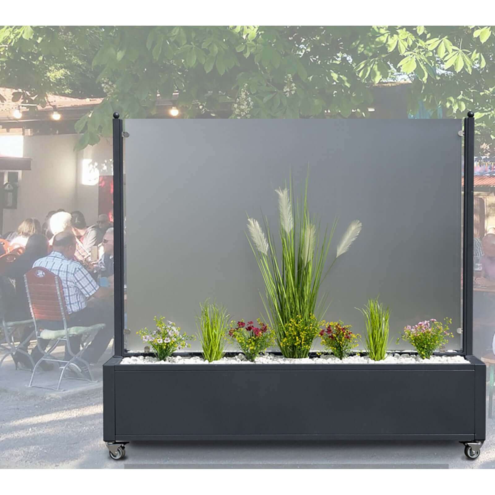 Mobiler Windschutz mit Pflanzkasten - wetterfest & rollbar - Sicherheitsglas in 150 cm & 200 cm