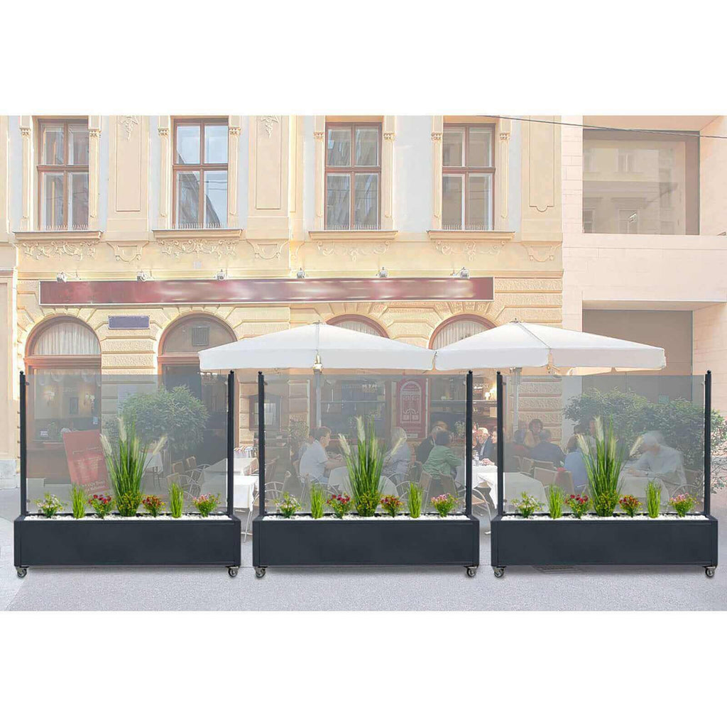 Mobiler Windschutz mit Pflanzkasten - wetterfest & rollbar - Sicherheitsglas in 150 cm & 200 cm