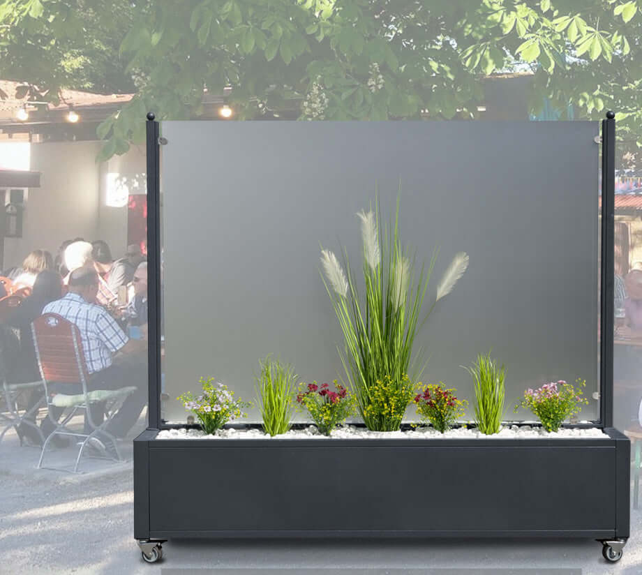 Mobiler Windschutz mit Pflanzkasten - 150 cm - satiniert / blickdicht