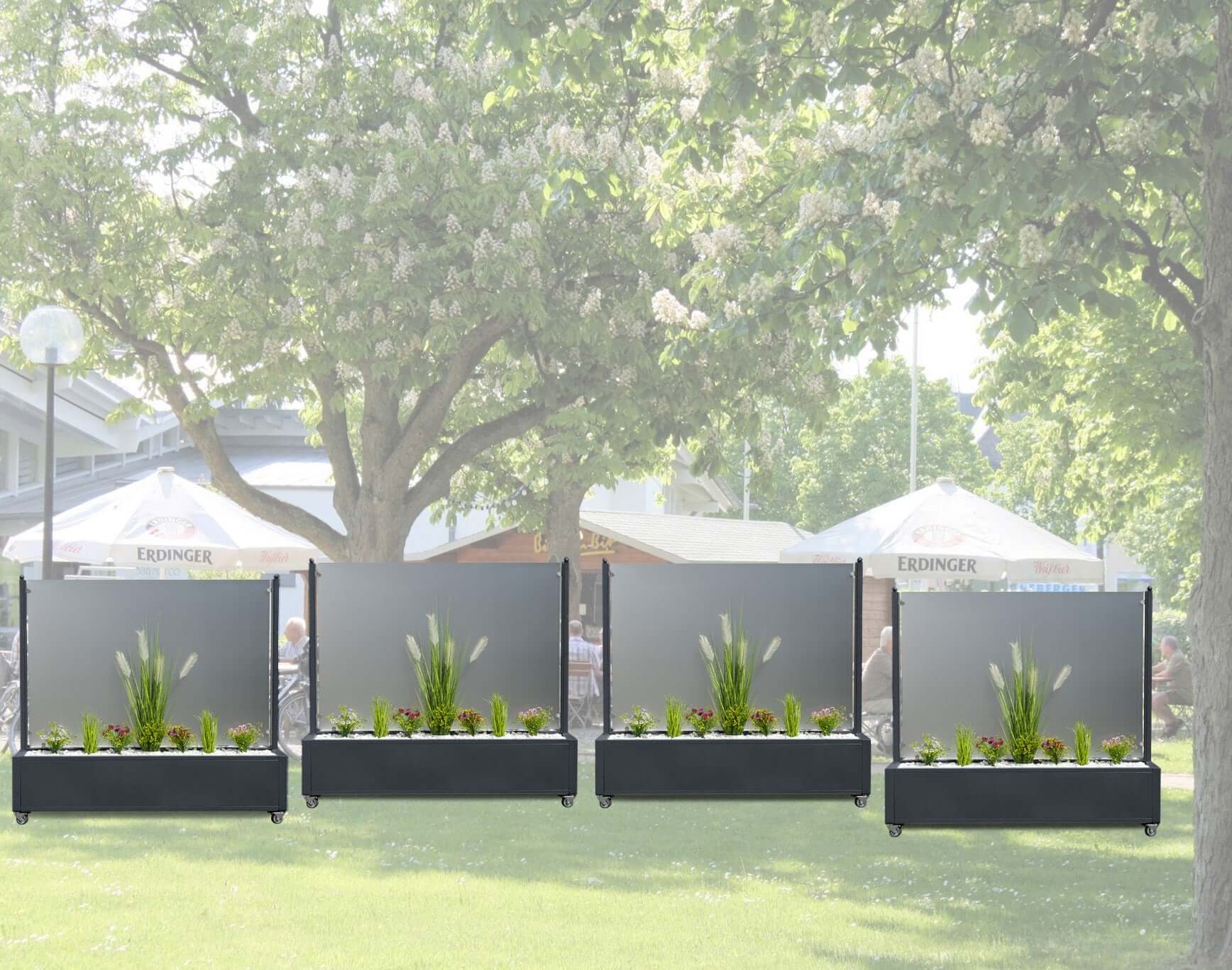 Mobiler Windschutz mit Pflanzkasten - 150 cm - satiniert / blickdicht