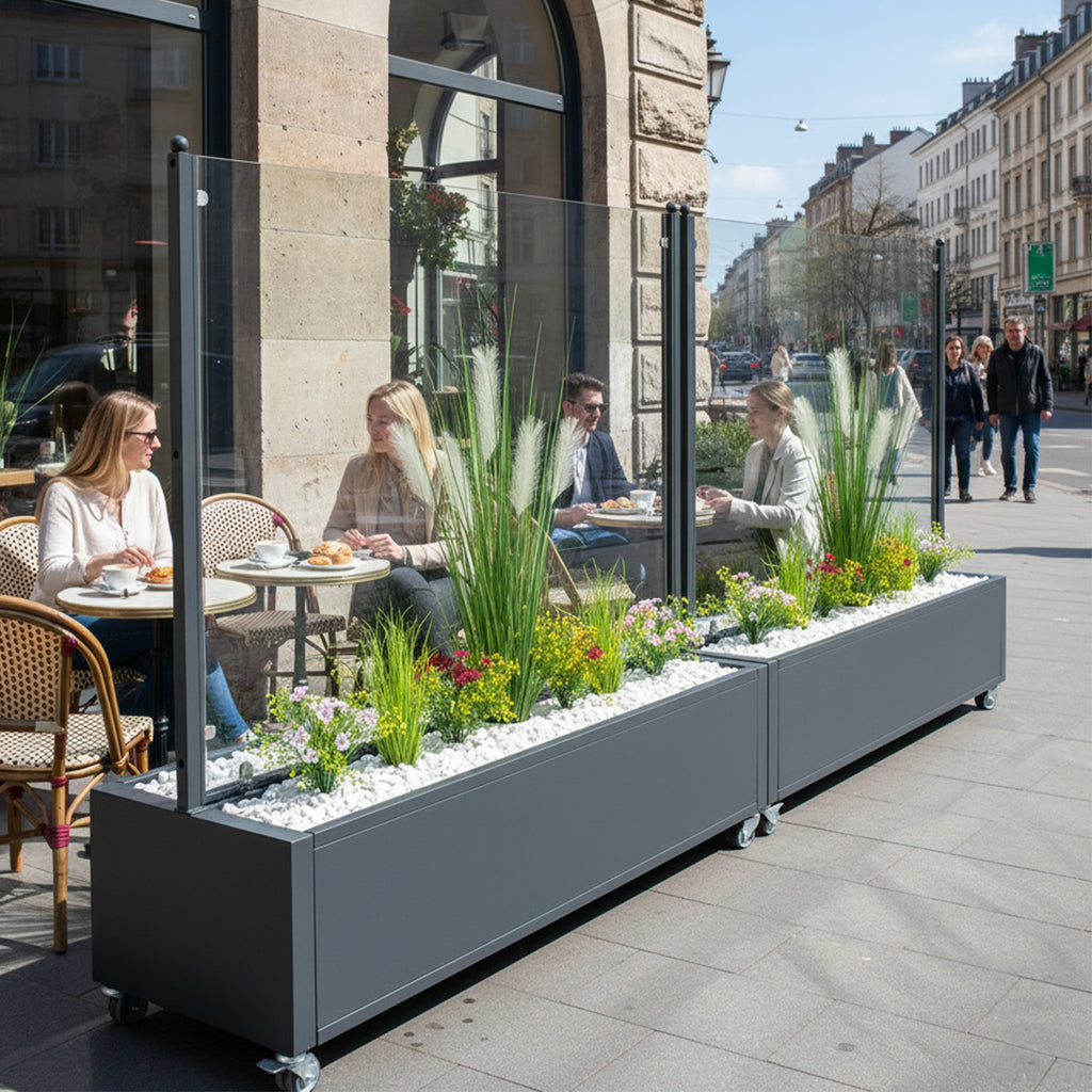 Mobiler Windschutz mit Pflanzkasten 150cm Sicherheitsglas Made in Germany