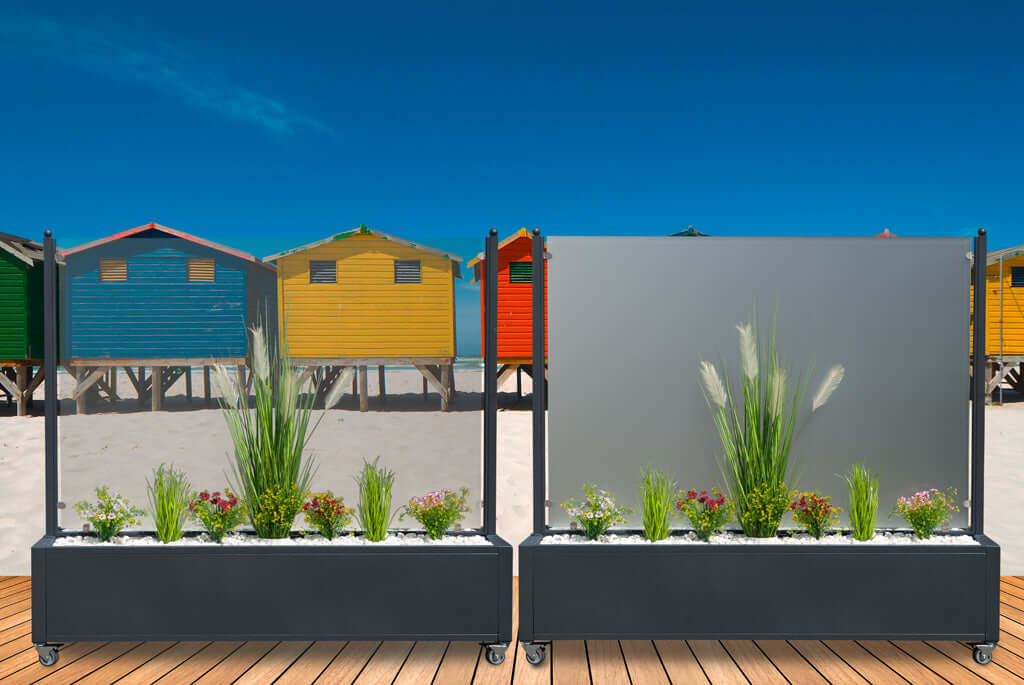 Mobiler Windschutz mit Pflanzkasten - 150 cm - satiniert / blickdicht