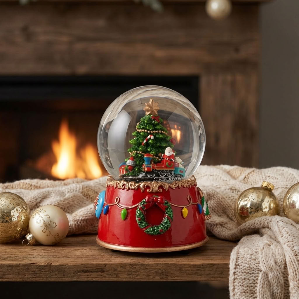 Snow globe with music box, 15cm, Santa Claus with tree