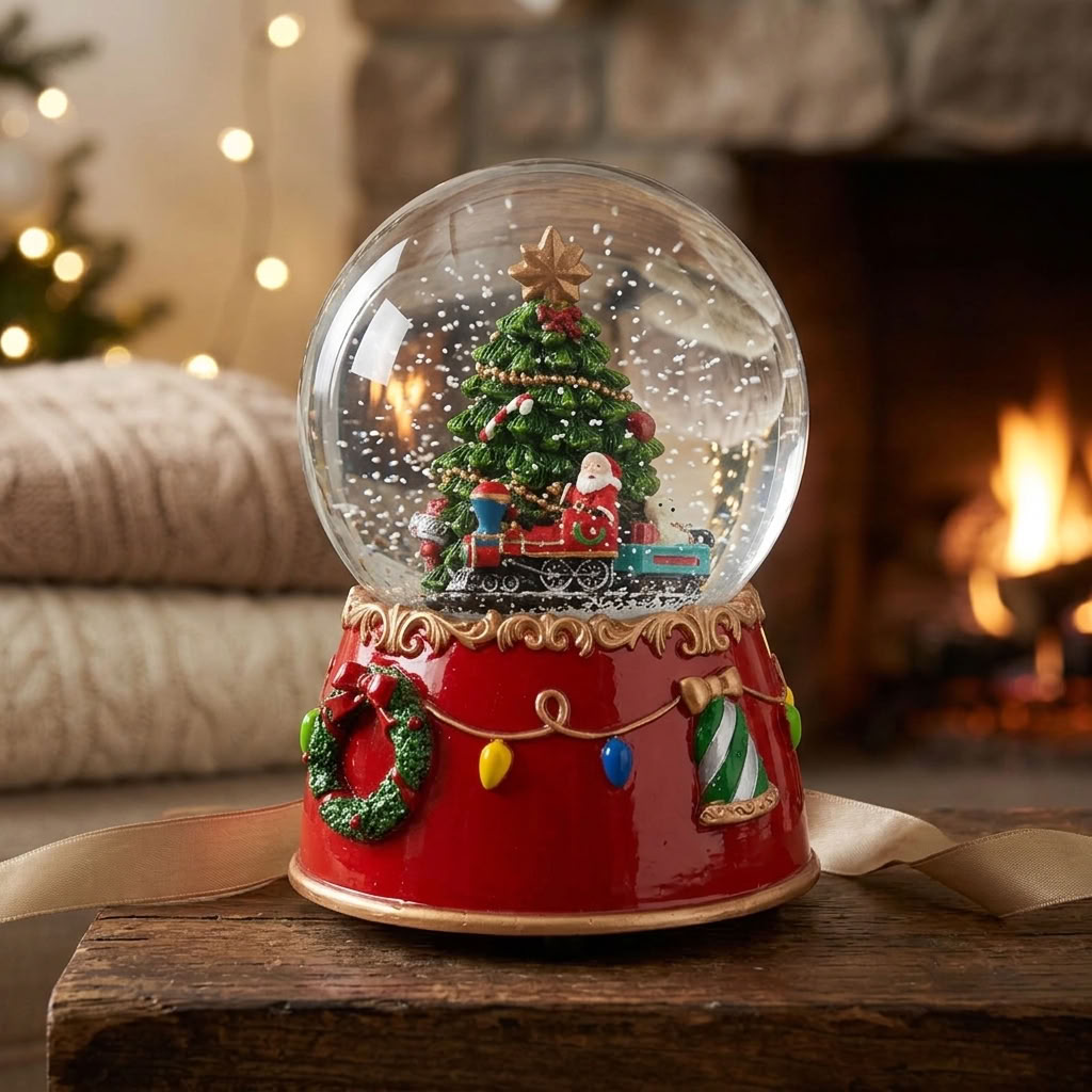 Snow globe with music box, 15cm, Santa Claus with tree