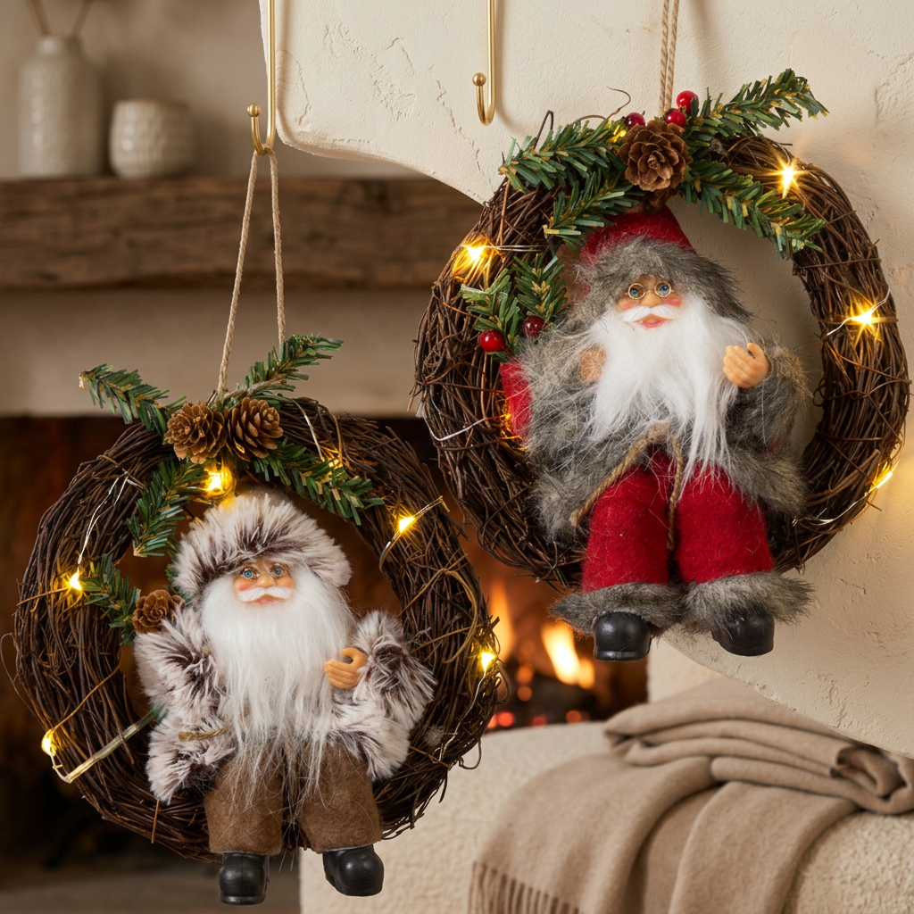 Santa im Kranz mit LED 30cm, 2 Stück