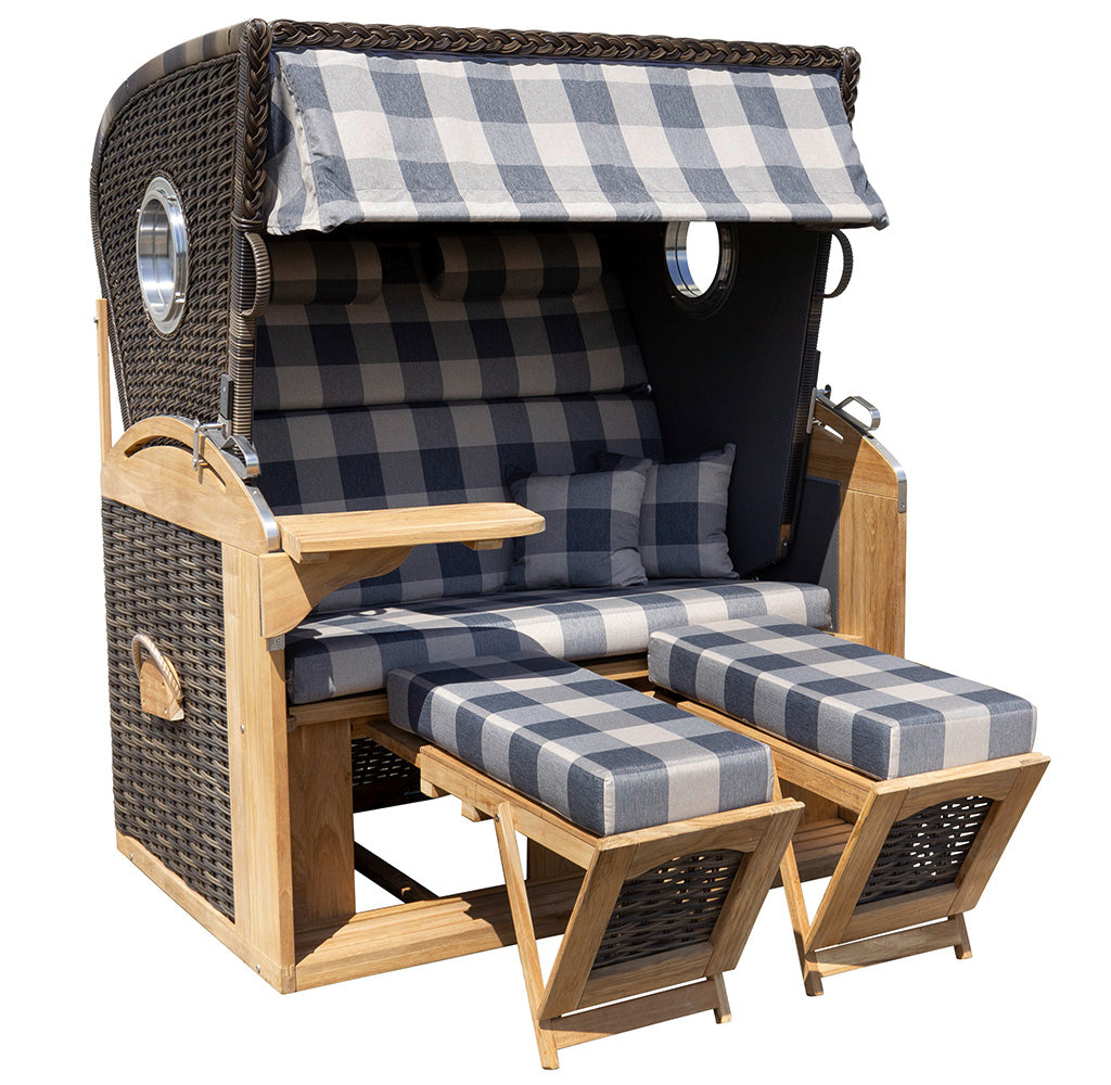 XL Teak Strandkorb 2-Sitzer Vollieger grau-beige kariert