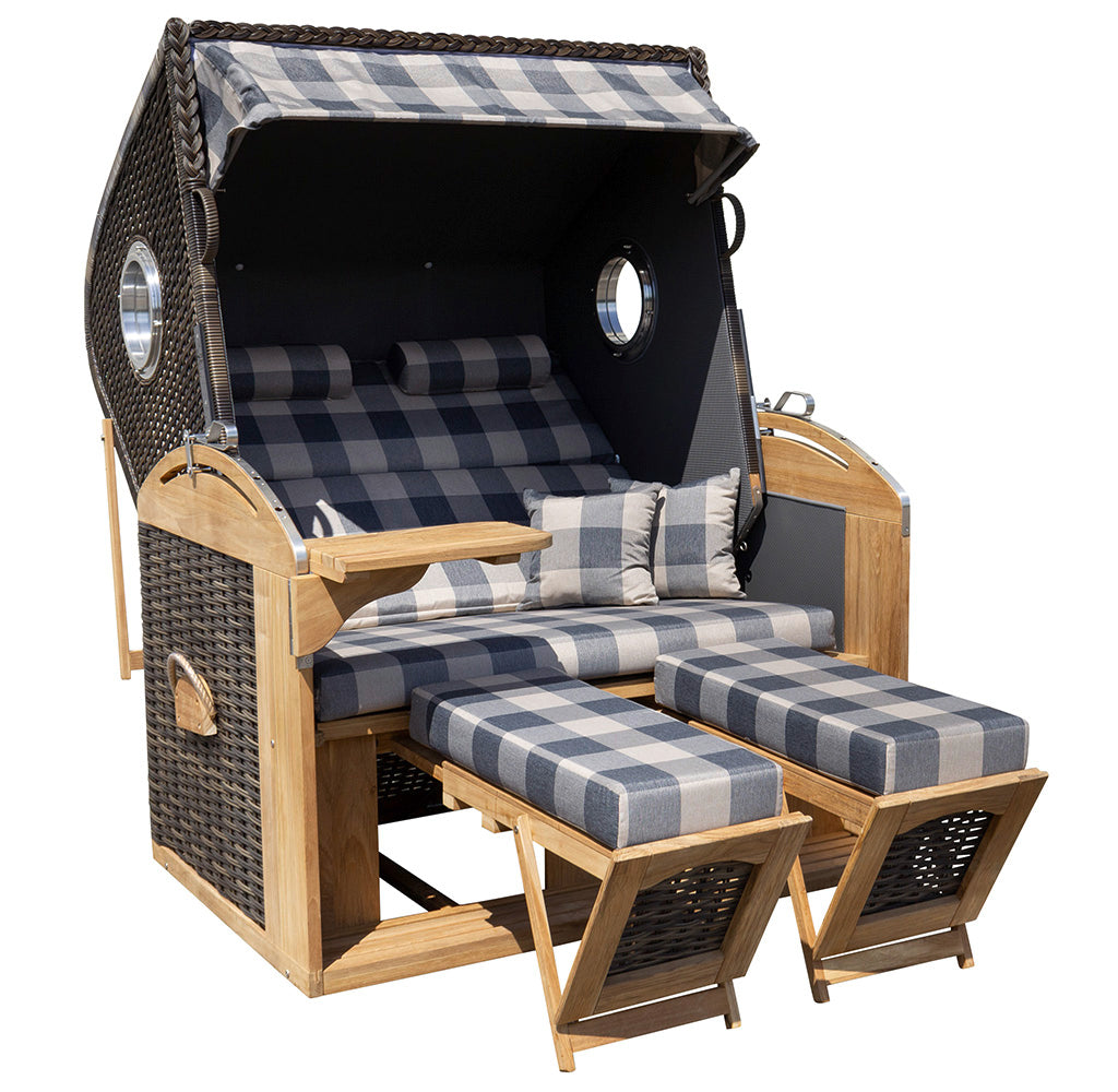 XL Teak Strandkorb 2-Sitzer Vollieger grau-beige kariert