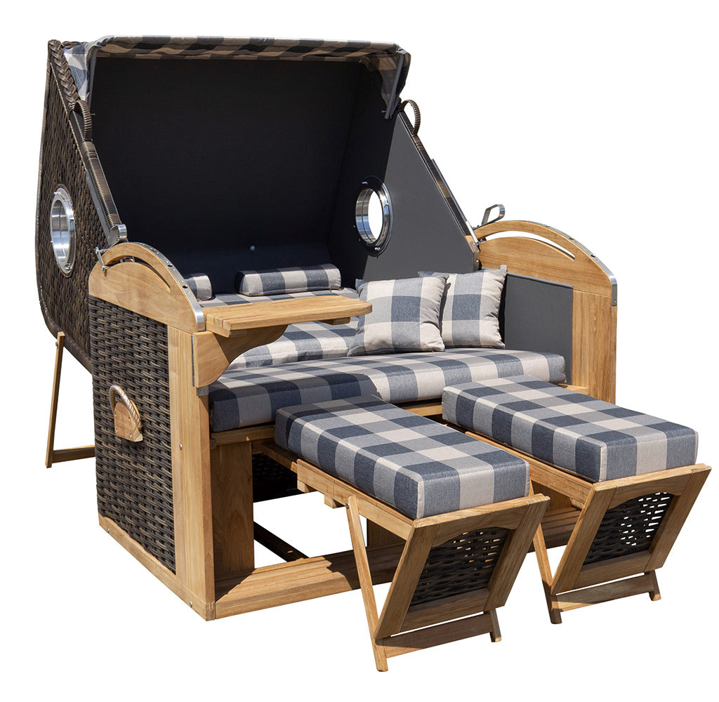 XL Teak Strandkorb 2-Sitzer Vollieger grau-beige kariert