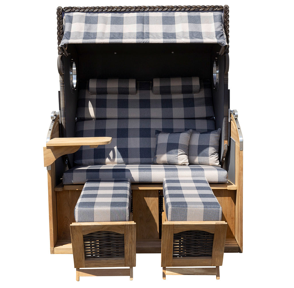 XL Teak Strandkorb 2-Sitzer Vollieger grau-beige kariert