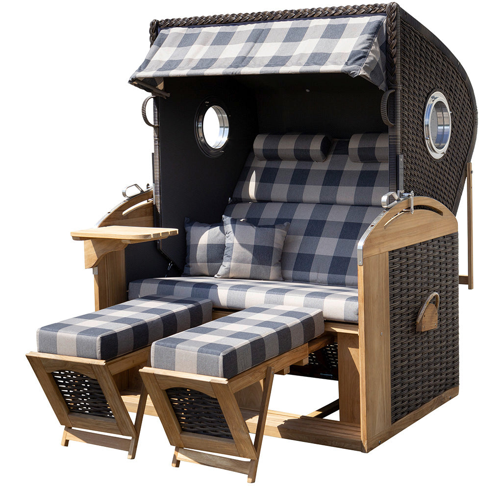 XL Teak Strandkorb 2-Sitzer Vollieger grau-beige kariert